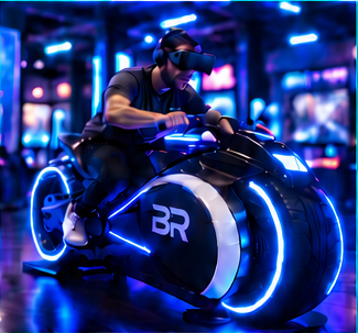 A rider on the VR Space Wheel motorcycle simulator