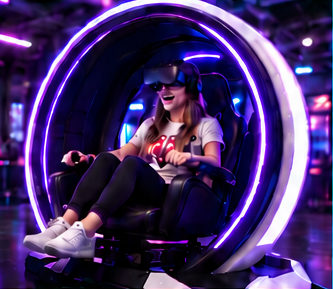 A guest in the VR Time Machine rotating pod