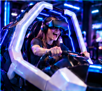 A guest on a tilting VR motion simulator